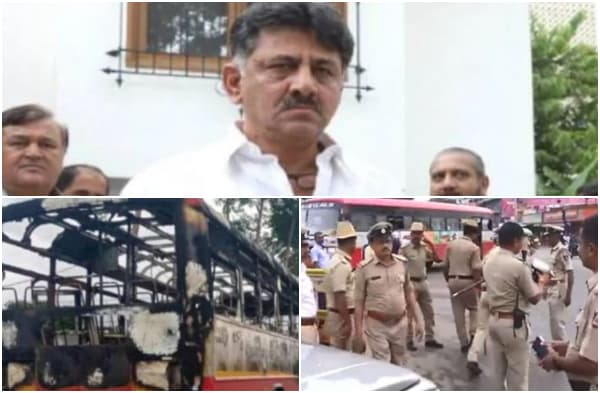 डी के शिवकुमार की गिरफ्तारी के विरोध में प्रदर्शन, लोगों ने 2 बसें फूंकी, कई जगह पथराव