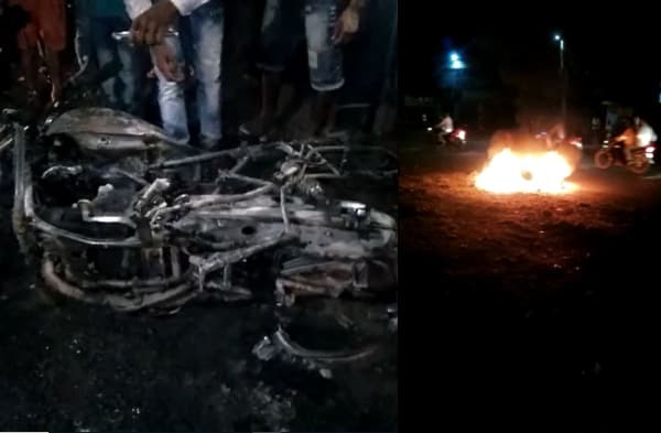 मुजफ्फरपुर में भीड़ ने की चोर की जमकर पिटाई, बाइक को किया आग के हवाले, पुलिस ने बचाई जान